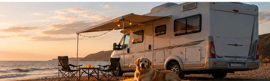 Autocaravana premium junto al mar al atardecer con perros