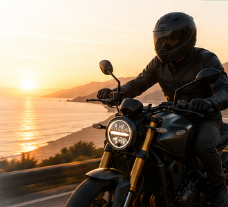 Moto premium en carretera costera al atardecer